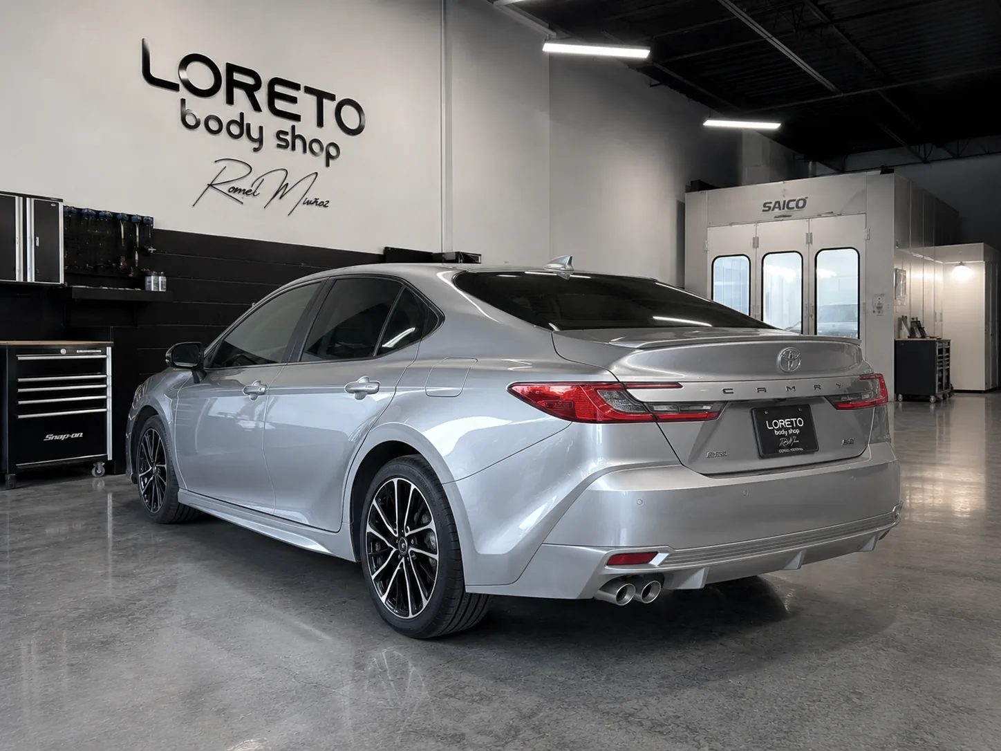 Silver Toyota Camry sedan completed at Loreto Body Shop